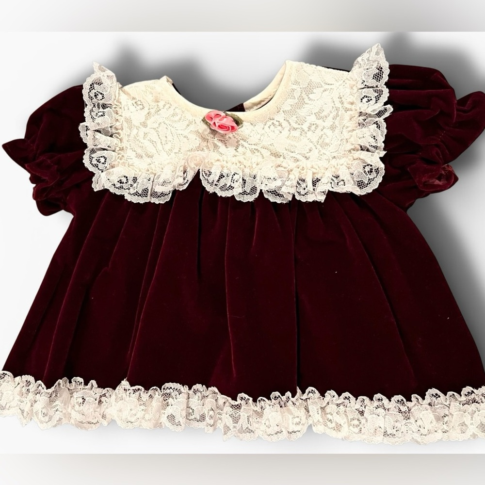NWT VTG 90s Cutest One Burgundy Velvet Ruffle Dress Made in USA Infant 0-6 Mo A8